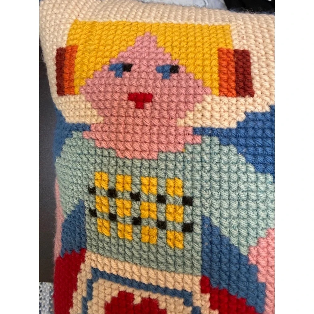 Handmade Needlepoint Folk Art Throw Pillow Dutch Couple Scandinavian 16